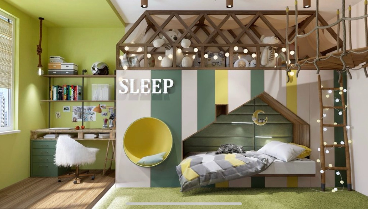 Nowoczesny pokój dziecięcy z łóżkiem w kształcie domku, biurkiem z palet, okrągłym fotelem w ścianie i drewnianą drabinką. Pastelowa kolorystyka i oświetlenie.