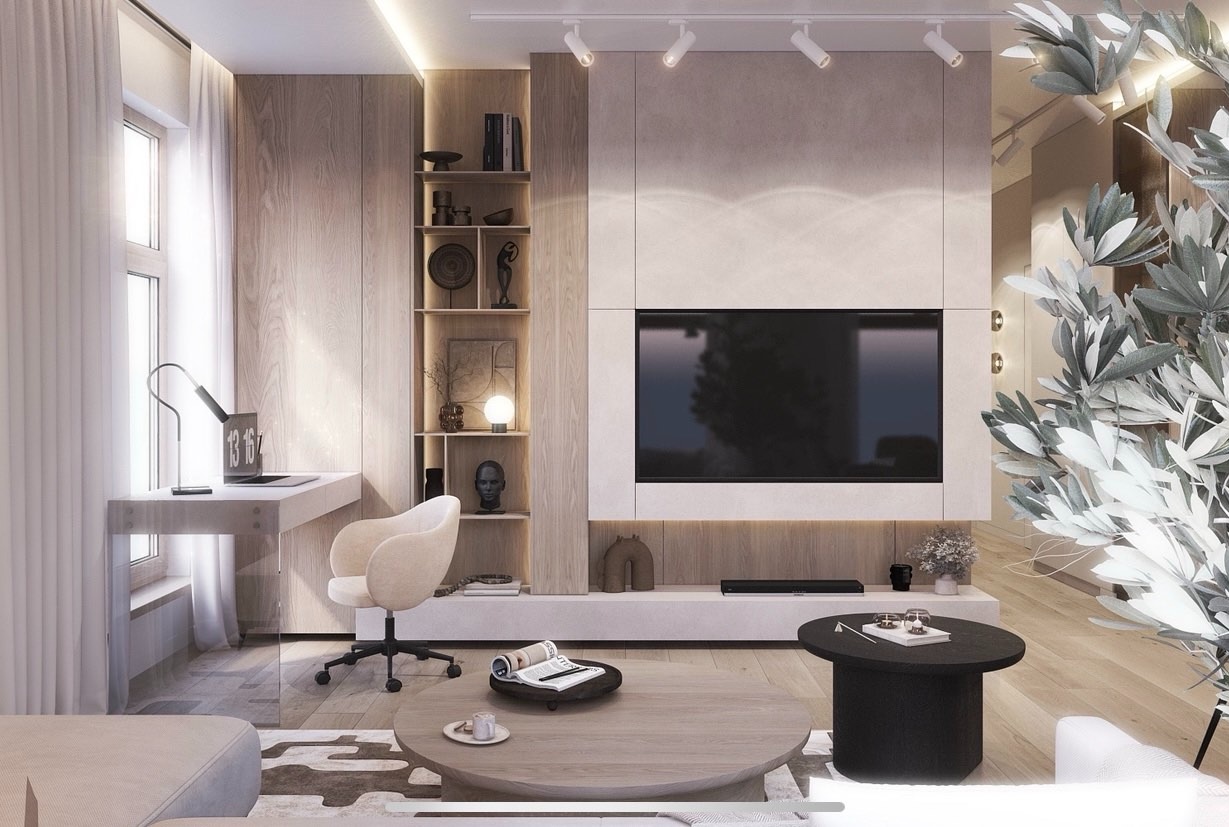 Jasne, nowoczesne wnętrze salonu z biurkiem przy oknie, drewnianą zabudową RTV z półkami i dwoma stolikami kawowymi. Minimalistyczny design, stonowana kolorystyka.