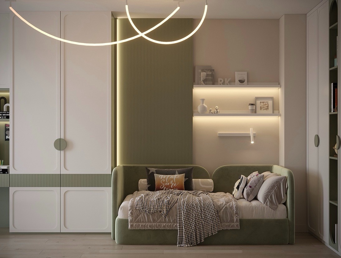 Wnętrze pokoju dziecięcego w odcieniach zieleni i bieli: łóżko z poduszkami, szafa w zabudowie, półki z dekoracjami i nowoczesne oświetlenie.