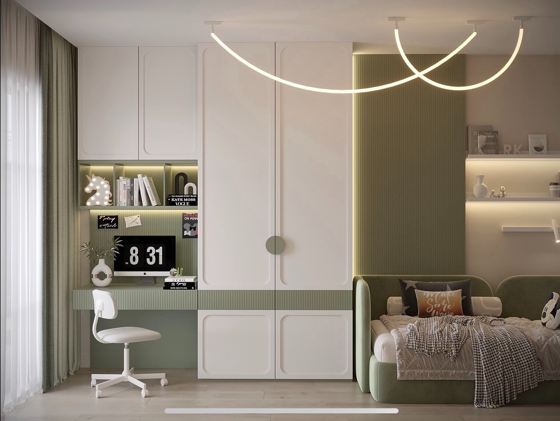 Pokój dziecięcy: białe meble z biurkiem i łóżkiem w odcieniach zieleni, oświetlenie LED. Na biurku monitor z godziną 8:31, dekoracje. Minimalistyczny, nowoczesny design.