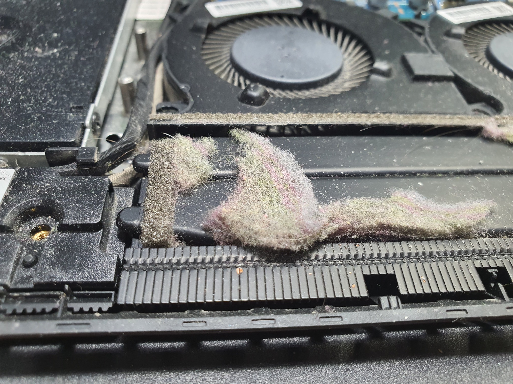 Zanieczyszczone wnętrze laptopa z widocznymi wentylatorami i nagromadzonym kurzem. Detaliczne zbliżenie na zabrudzenia wewnątrz urządzenia.