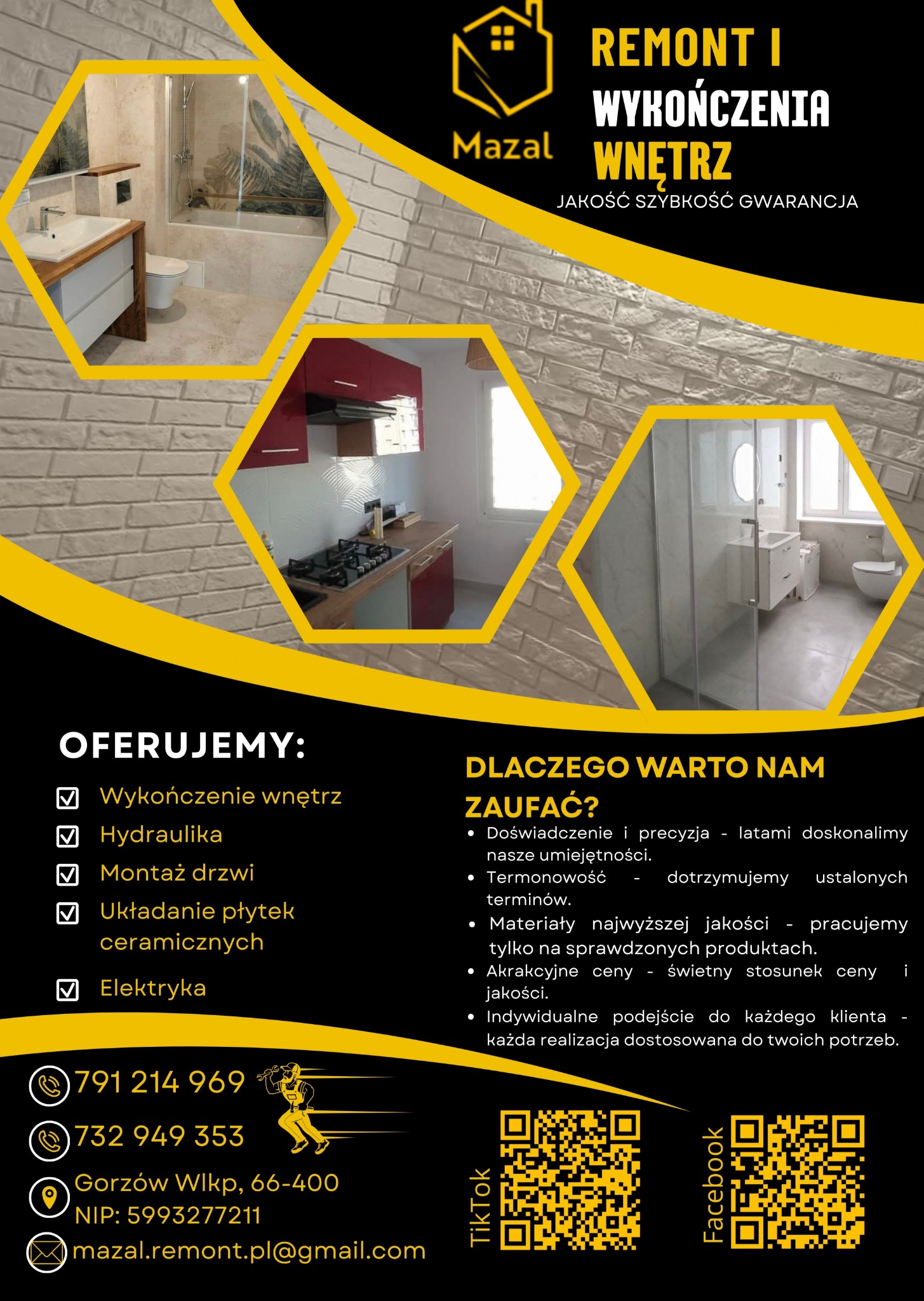 Żółto-czarny baner reklamowy firmy remontowej z wizualizacjami kuchni i łazienki. Oferta usług: hydraulika, elektryka, montaż drzwi, wykończenia i układanie płytek.