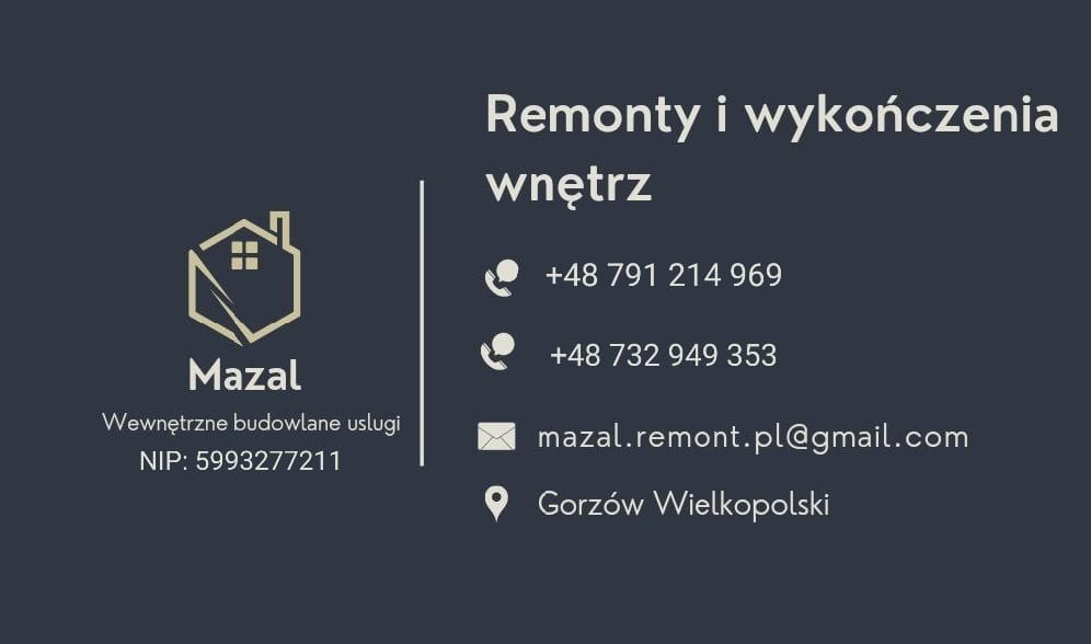 Grafika firmy Mazal: remonty i wykończenia wnętrz. Logo z domem, dane kontaktowe, telefony, adres e-mail i lokalizacja Gorzów Wielkopolski na ciemnym tle.