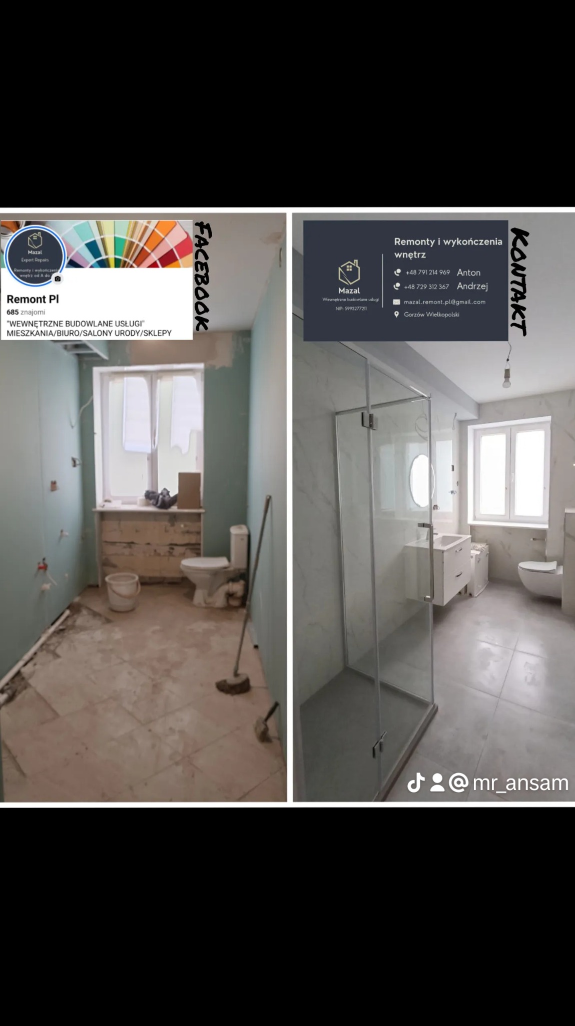 Fotografia 'przed i po' prezentująca odnowioną łazienkę z kabiną prysznicową. Po lewej stan surowy, po prawej efekt końcowy z białymi płytkami i armaturą.