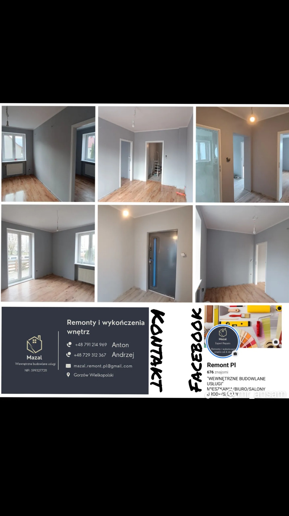 Seria ujęć wnętrz po malowaniu ścian na szaro i położeniu drewnianej podłogi, prezentująca efekt wykończenia. Widok z różnych perspektyw, w tym zbliżenie na drzwi wejściowe.