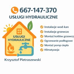 Grafika z numerem telefonu, nazwą firmy 'Usługi Hydrauliczne' i imieniem Krzysztof Pietraszewski. Oferta obejmuje instalacje wod-kan, grzewcze, montaż kotłów, ogrzewanie podłogowe.