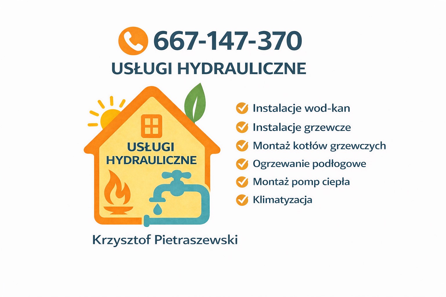 Grafika z numerem telefonu, nazwą firmy 'Usługi Hydrauliczne' i imieniem Krzysztof Pietraszewski. Oferta obejmuje instalacje wod-kan, grzewcze, montaż kotłów, ogrzewanie podłogowe.