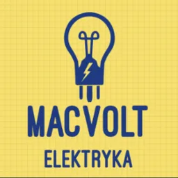 Logo firmy MACVOLT ELEKTRYKA na żółtym tle w kratkę. Symbol żarówki z błyskawicą. Profesjonalny branding dla usług elektrycznych.