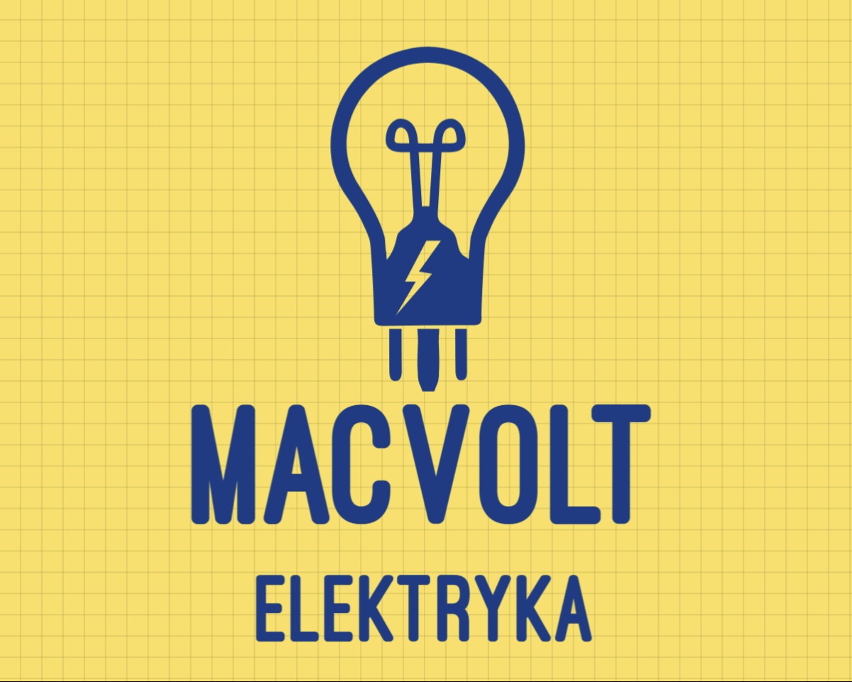 Logo firmy MACVOLT ELEKTRYKA na żółtym tle w kratkę. Symbol żarówki z błyskawicą. Profesjonalny branding dla usług elektrycznych.