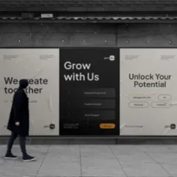 Plakat reklamowy firmy Join4u na ścianie budynku, z przechodzącą osobą. Oferty pracy dla programistów, grafików i UX/UI designerów. Stonowana kolorystyka, miejski krajobraz.