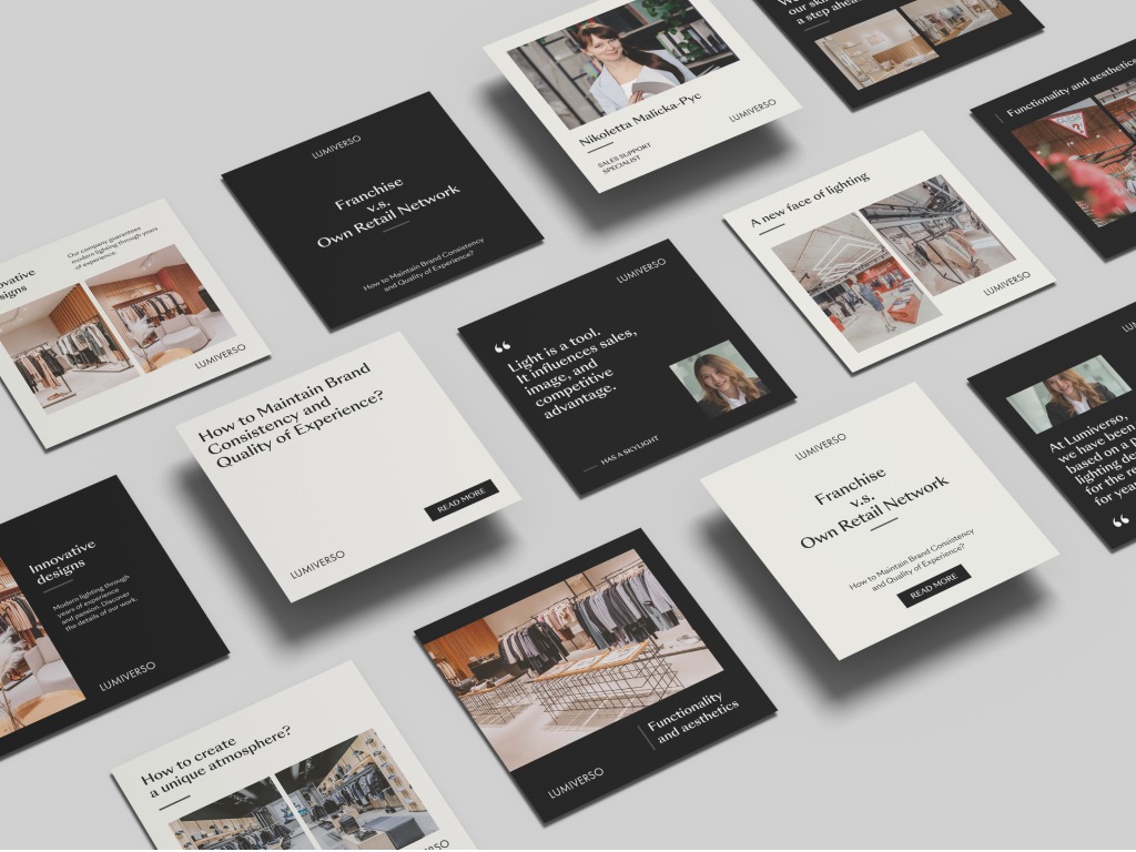 Zestaw postów i banerów social media marki Lumiverso, prezentujących innowacyjne projekty oświetleniowe i spójność marki, ułożonych pod kątem na jasnym tle.