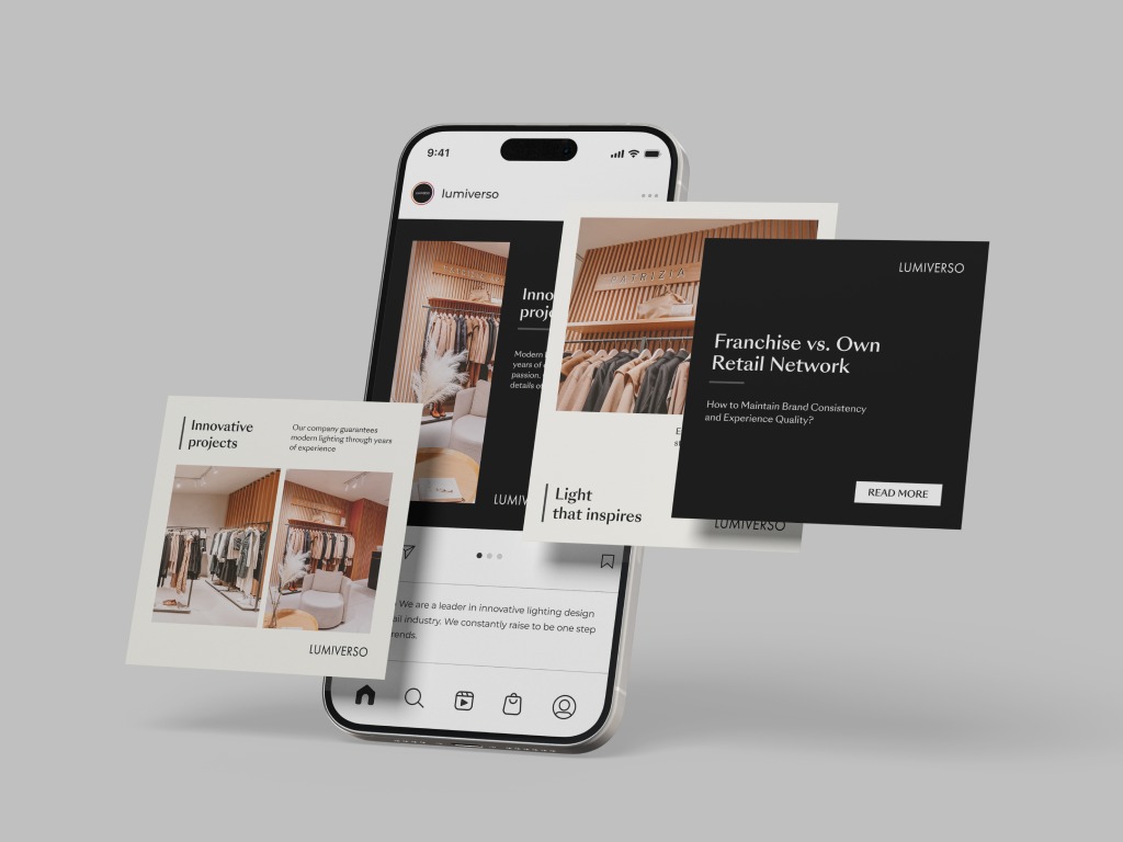 Mockup smartfona prezentujący posty i banery Lumiverso w mediach społecznościowych, ukazujące aranżacje oświetlenia wnętrz sklepowych i komunikaty marketingowe.