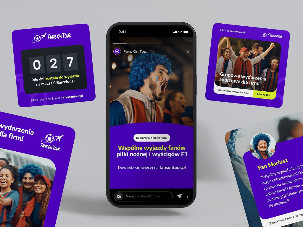 Grafika promująca Fans On Tour: licznik dni do meczu FC Barcelona, relacja z wyjazdu fana, oferta wyjazdów na piłkę nożną i F1, grupowe wydarzenia sportowe dla firm.