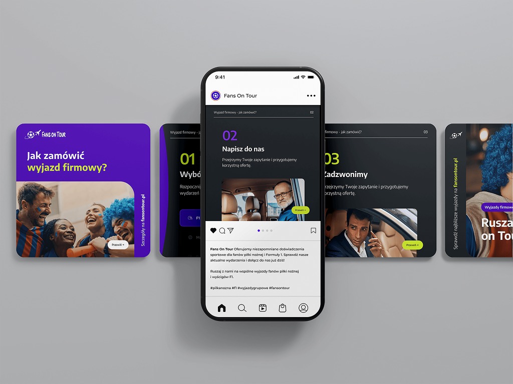 Prezentacja mobilnej strony 'Fans On Tour' z ofertą wyjazdów firmowych na wydarzenia sportowe, z grafiką kibiców i hasłem 'Jak zamówić wyjazd firmowy?'.