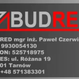 Wizytówka firmy BUDRED mgr inż. Paweł Czerwień z Tarnowa. Na szarym tle biało-czerwone logo i dane kontaktowe: adres, NIP, REGON i numer telefonu.