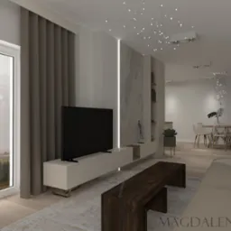 Wizualizacja salonu z widokiem na góry przez okno. Minimalistyczny design, beżowa sofa i stolik kawowy. Nowoczesne oświetlenie sufitowe dodaje elegancji.