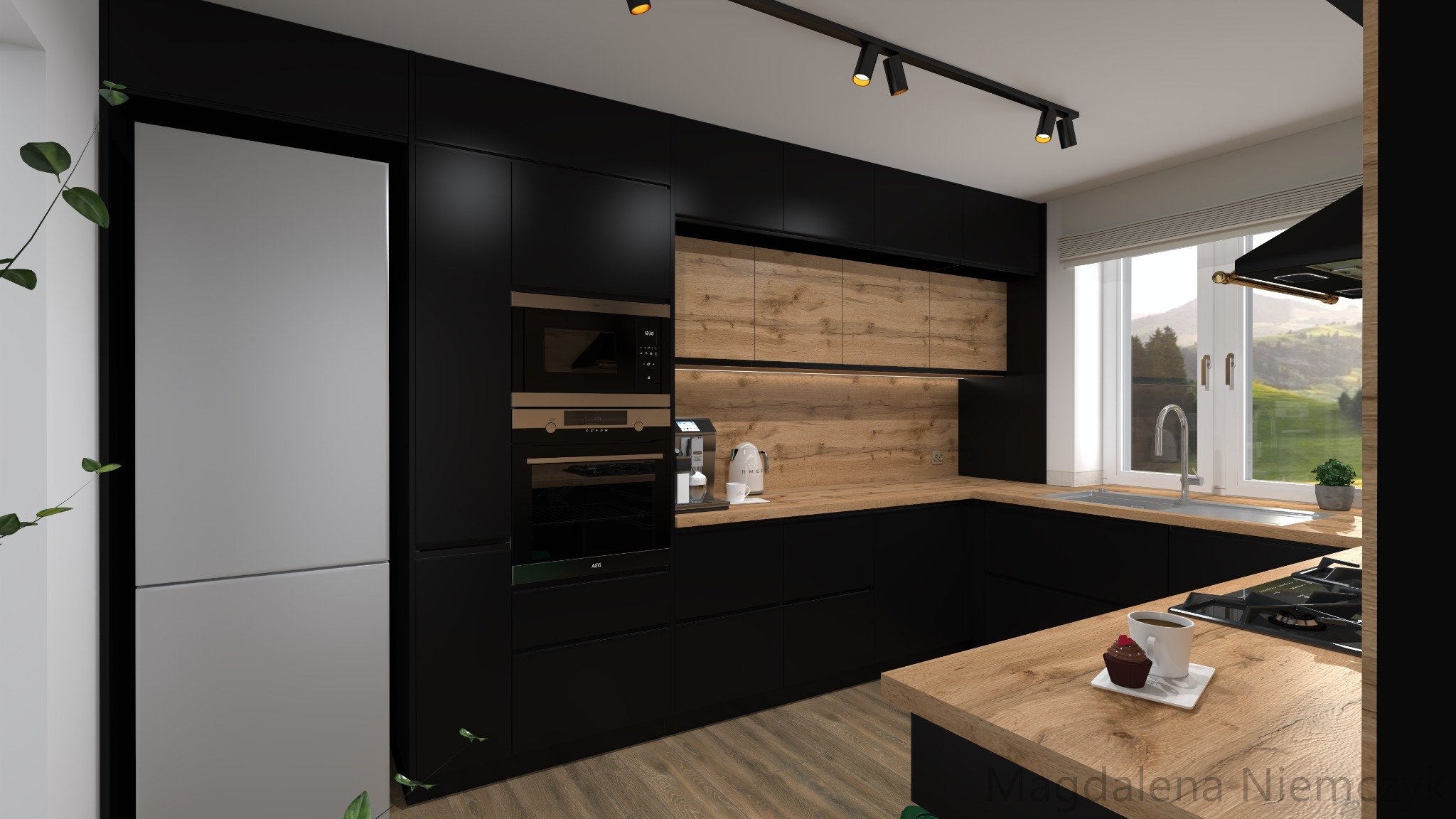 Nowoczesna kuchnia w czerni z drewnianymi akcentami, oświetleniem punktowym i widokiem na zieleń za oknem. Minimalistyczny design z dbałością o detale.