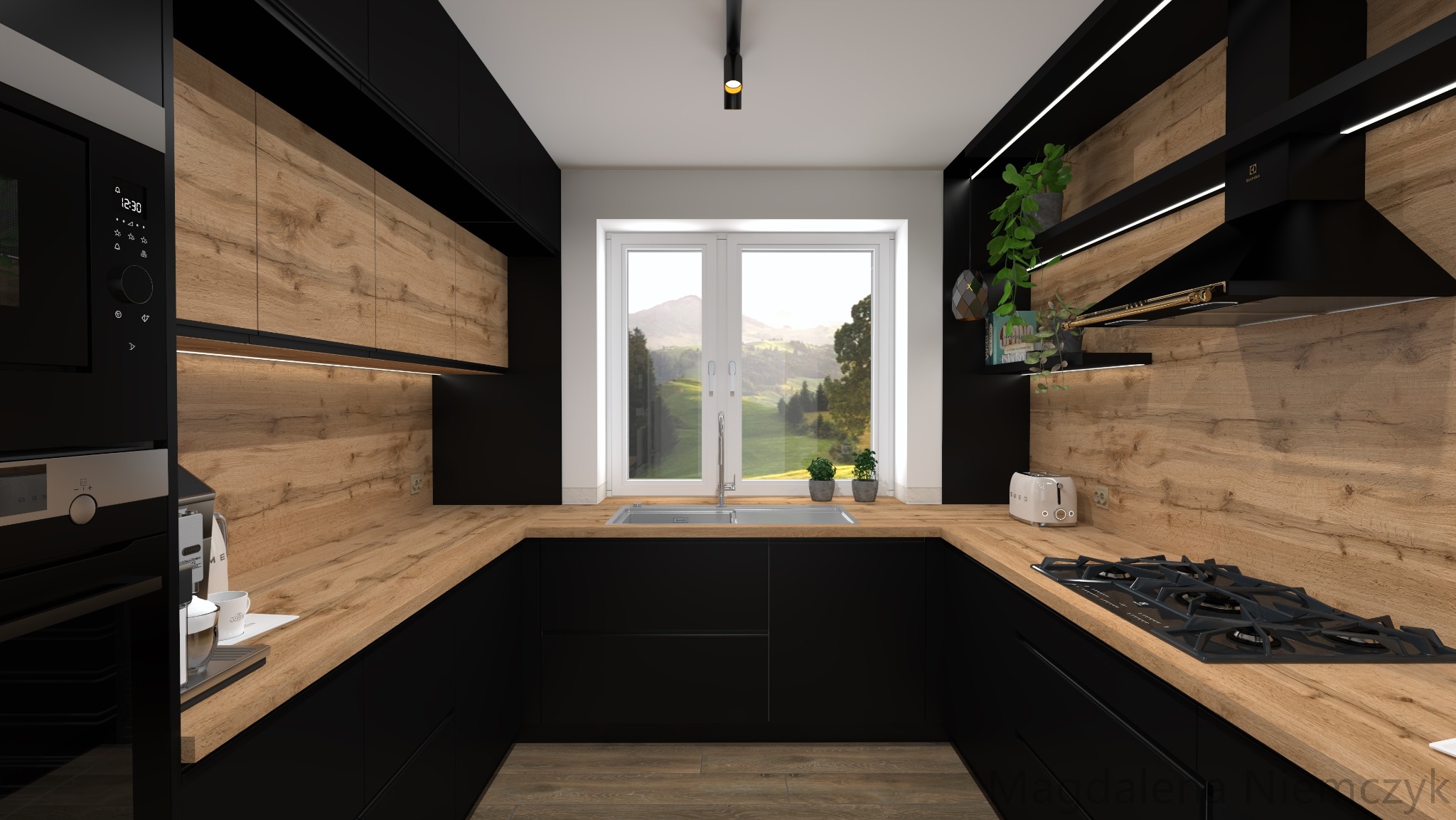 Nowoczesna kuchnia w czerni i drewnie, z oknem na malowniczy krajobraz. Minimalistyczne oświetlenie LED podkreśla ciepło drewnianych blatów i frontów.