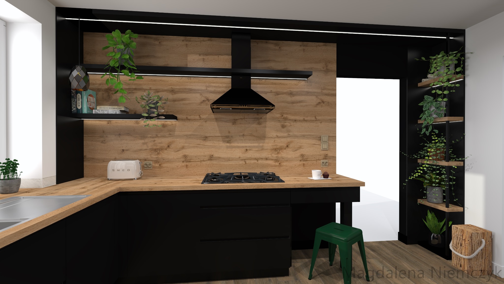Wizualizacja kuchni z drewnianą ścianą, czarnymi szafkami i blatem. Na blacie toster SMEG, płyta grzewcza, przyprawy. Dodatki: rośliny na półkach i zielony stołek.