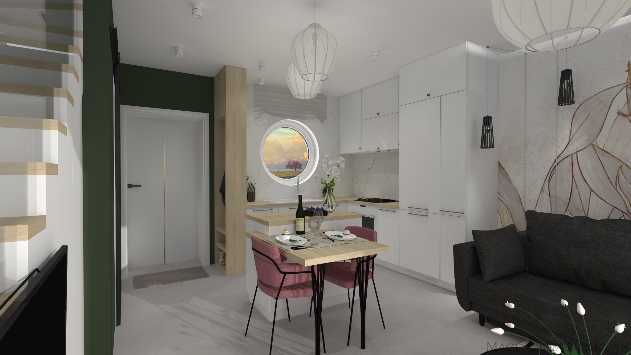 Wnętrze mieszkania: biała kuchnia z okrągłym oknem, stół z różowymi krzesłami, szara sofa i schody. Nowoczesny design z akcentami kolorystycznymi i kwiatowym motywem na ścianie.