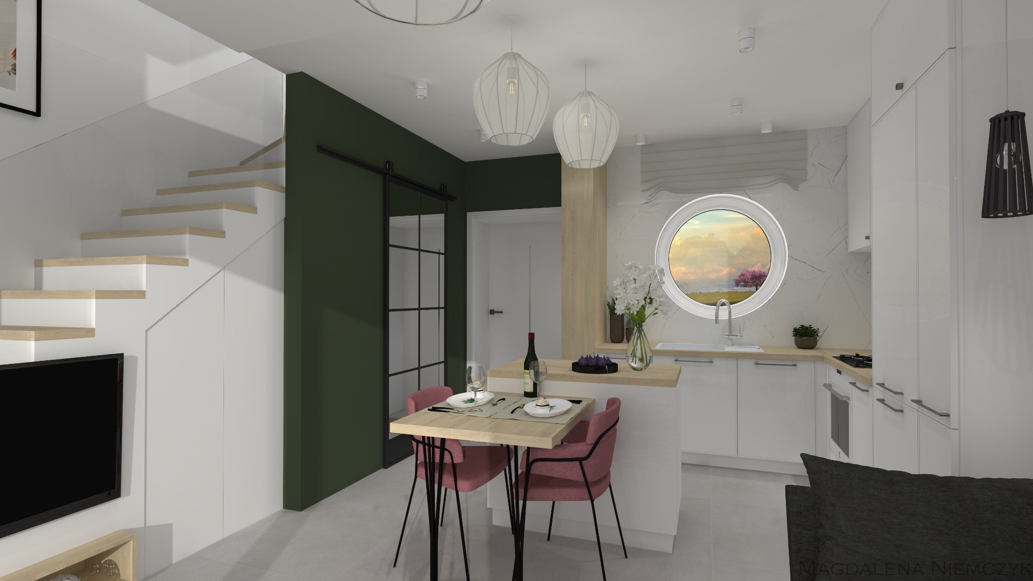 Wnętrze mieszkania z aneksem kuchennym, schodami i jadalnią. Widoczne okrągłe okno, stół z krzesłami i elementy dekoracyjne. Ciemnozielona ściana.