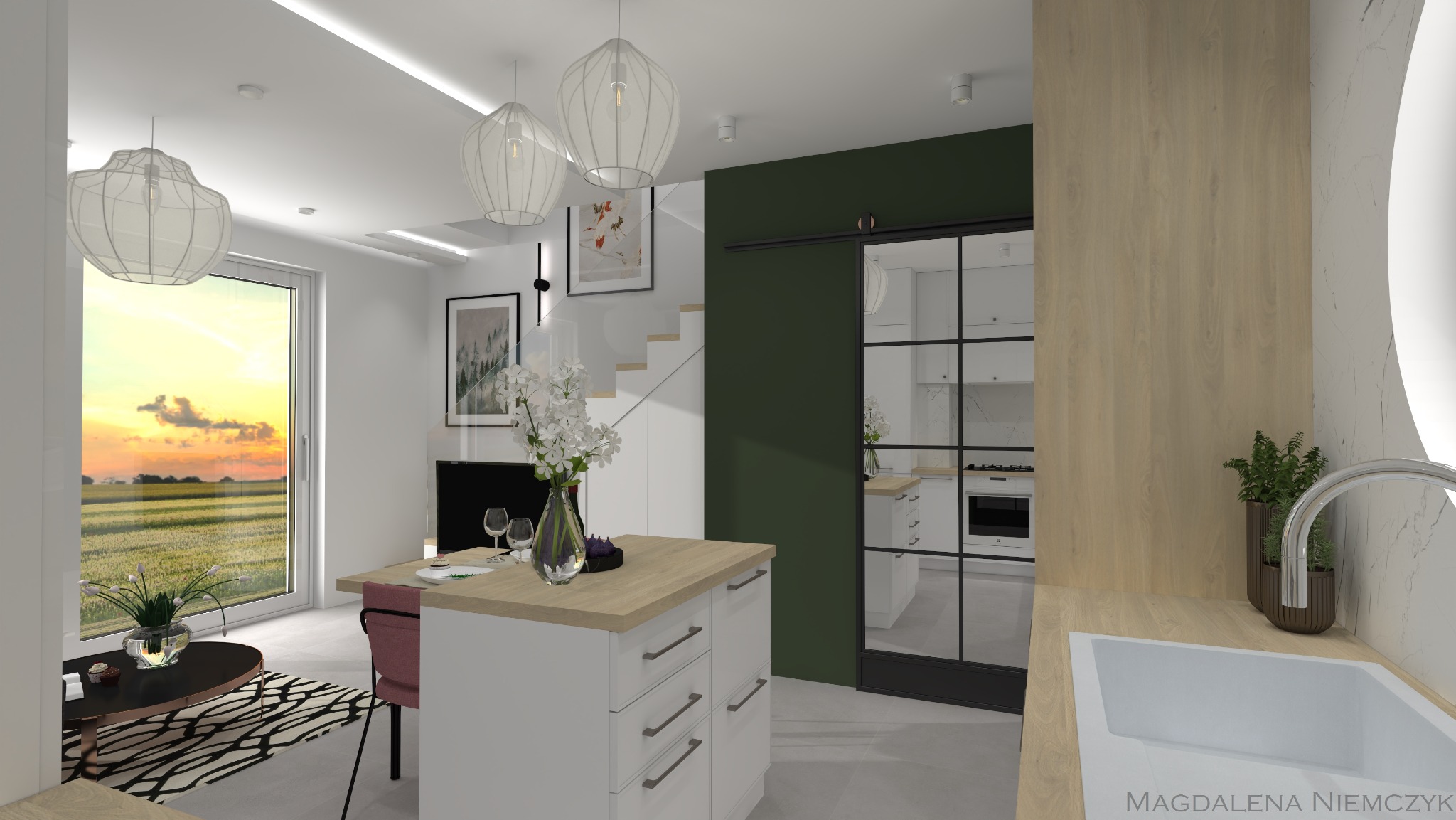 Wnętrze mieszkania z otwartą kuchnią, widok na salon z oknem na zachód słońca. Wyspa kuchenna z blatem drewnopodobnym, czarne, przesuwne drzwi do kuchni.