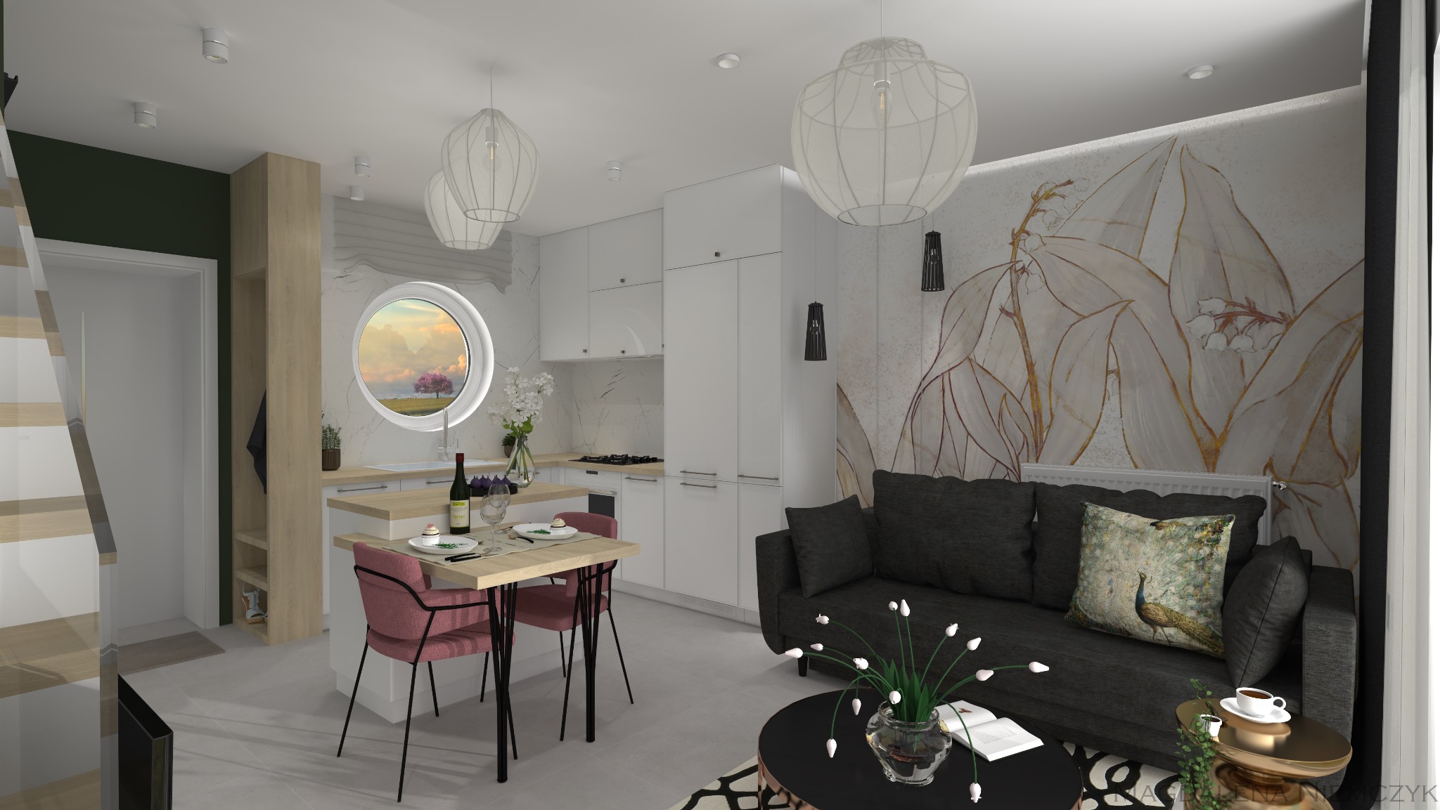 Wnętrze mieszkania: salon z aneksem kuchennym, okrągłe okno z widokiem, sofa z poduszką z motywem pawia, stół z nakryciem, dekoracyjna tapeta z motywem roślinnym.