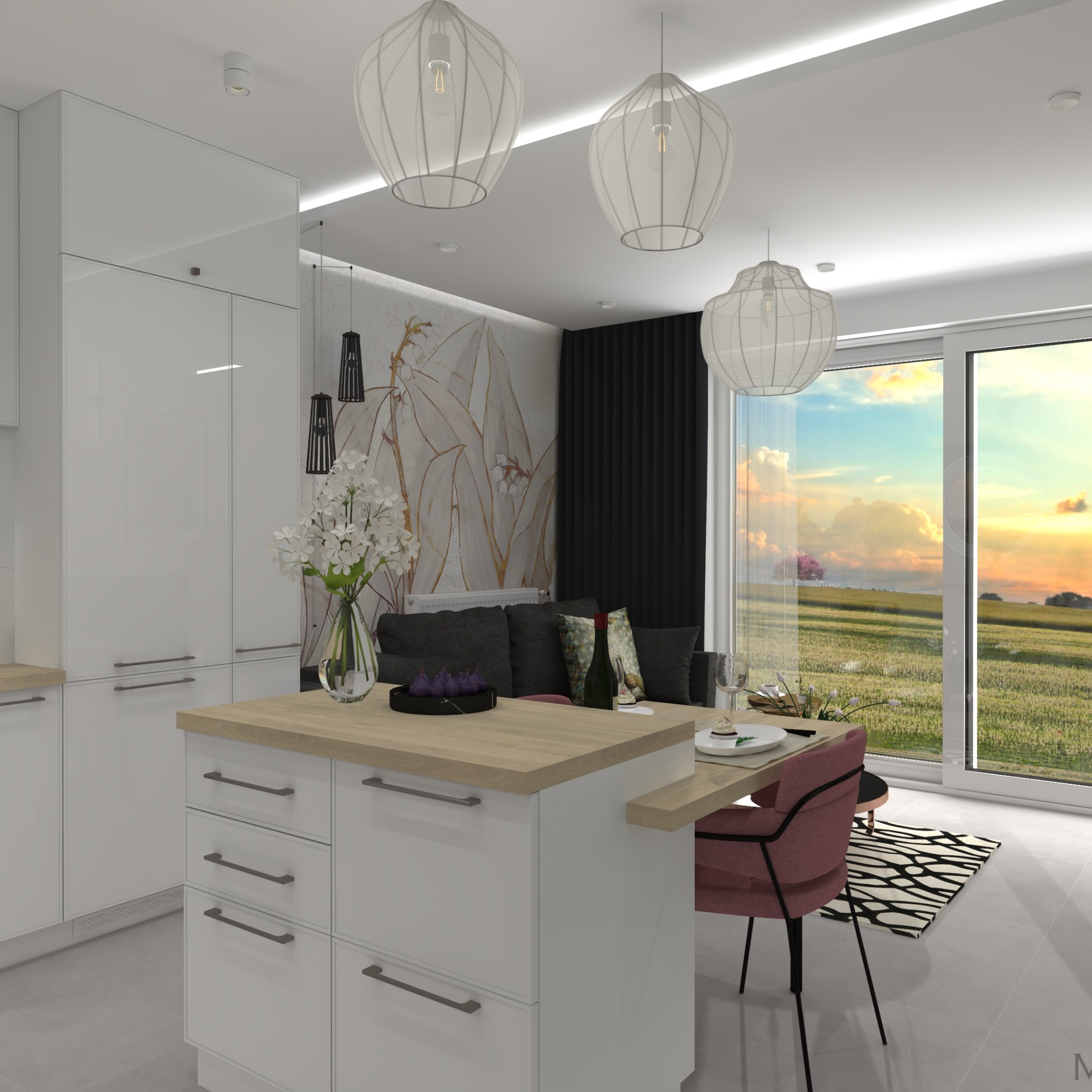 Wnętrze mieszkania z wyspą kuchenną, kwiatami i widokiem na krajobraz za oknem. Nowoczesny design z elementami dekoracyjnymi i oświetleniem.