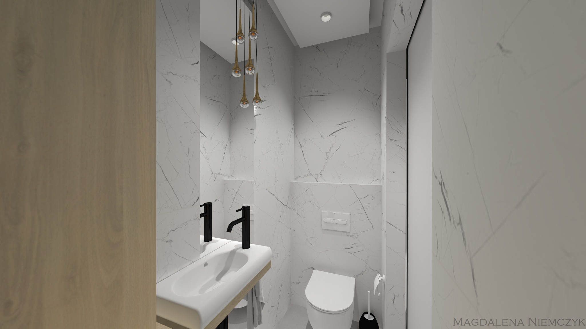 Wizualizacja małej łazienki z białymi marmurowymi płytkami, wiszącą toaletą i umywalką na blacie. Złote lampy wiszące dodają elegancji. Minimalistyczny design.