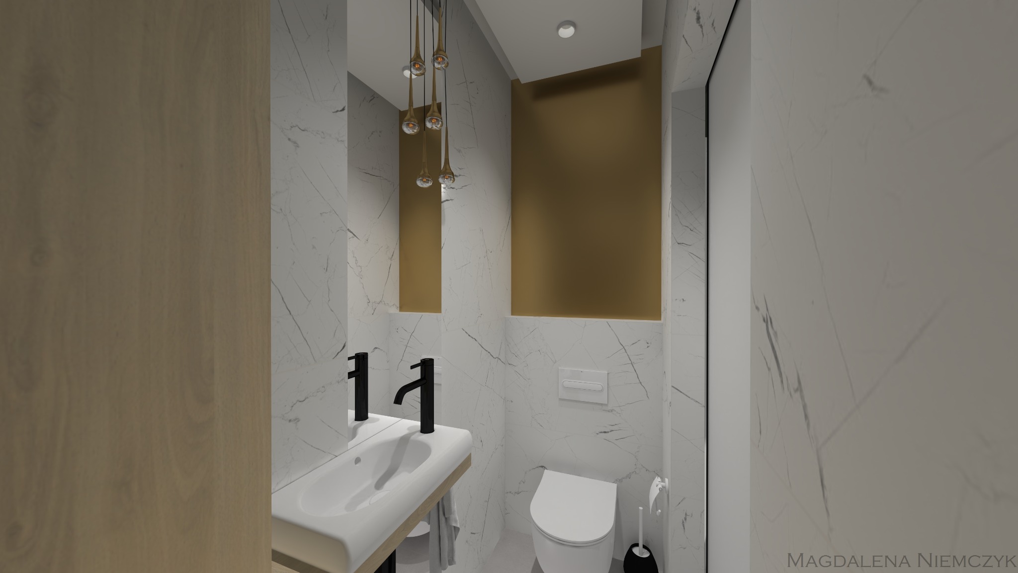 Wizualizacja małej łazienki z umywalką na blacie, toaletą i złotymi akcentami. Marmurowe ściany i wisząca lampa dodają elegancji. Nowoczesny design wnętrza.