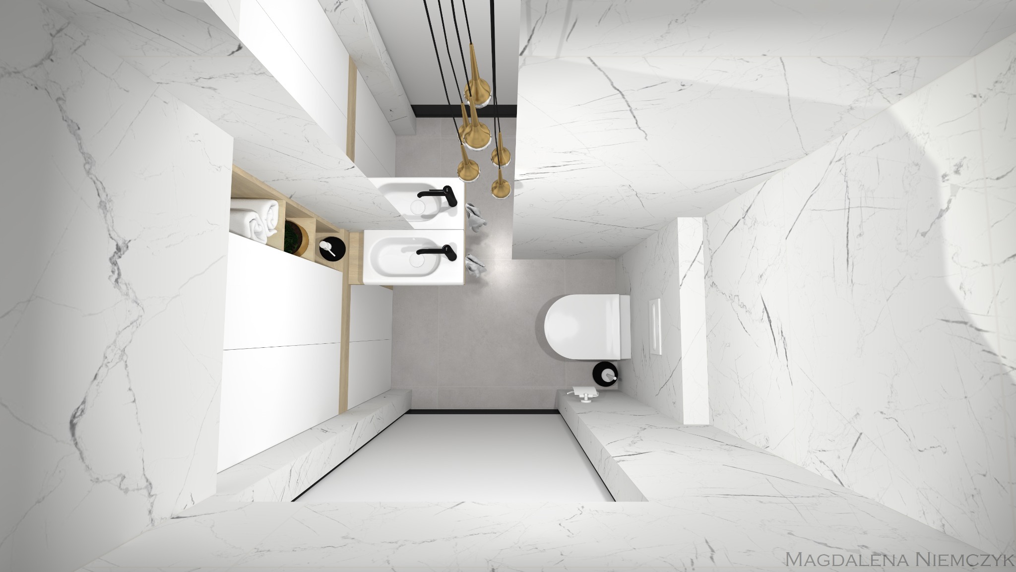 Minimalistyczna łazienka z marmurowymi ścianami, podwójną umywalką i złotą lampą wiszącą, widok z góry. Nowoczesny design z jasną kolorystyką i geometrycznym układem.