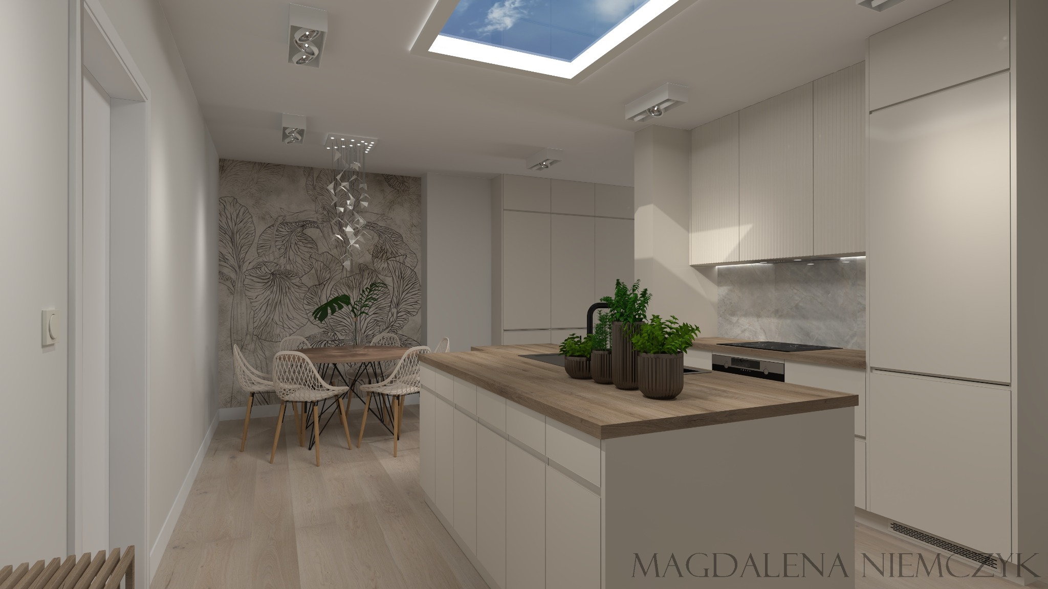 Wizualizacja nowoczesnej kuchni z wyspą, drewnianym blatem i roślinami w doniczkach. W tle stół z krzesłami i tapeta w roślinne motywy. Oświetlenie sufitowe.