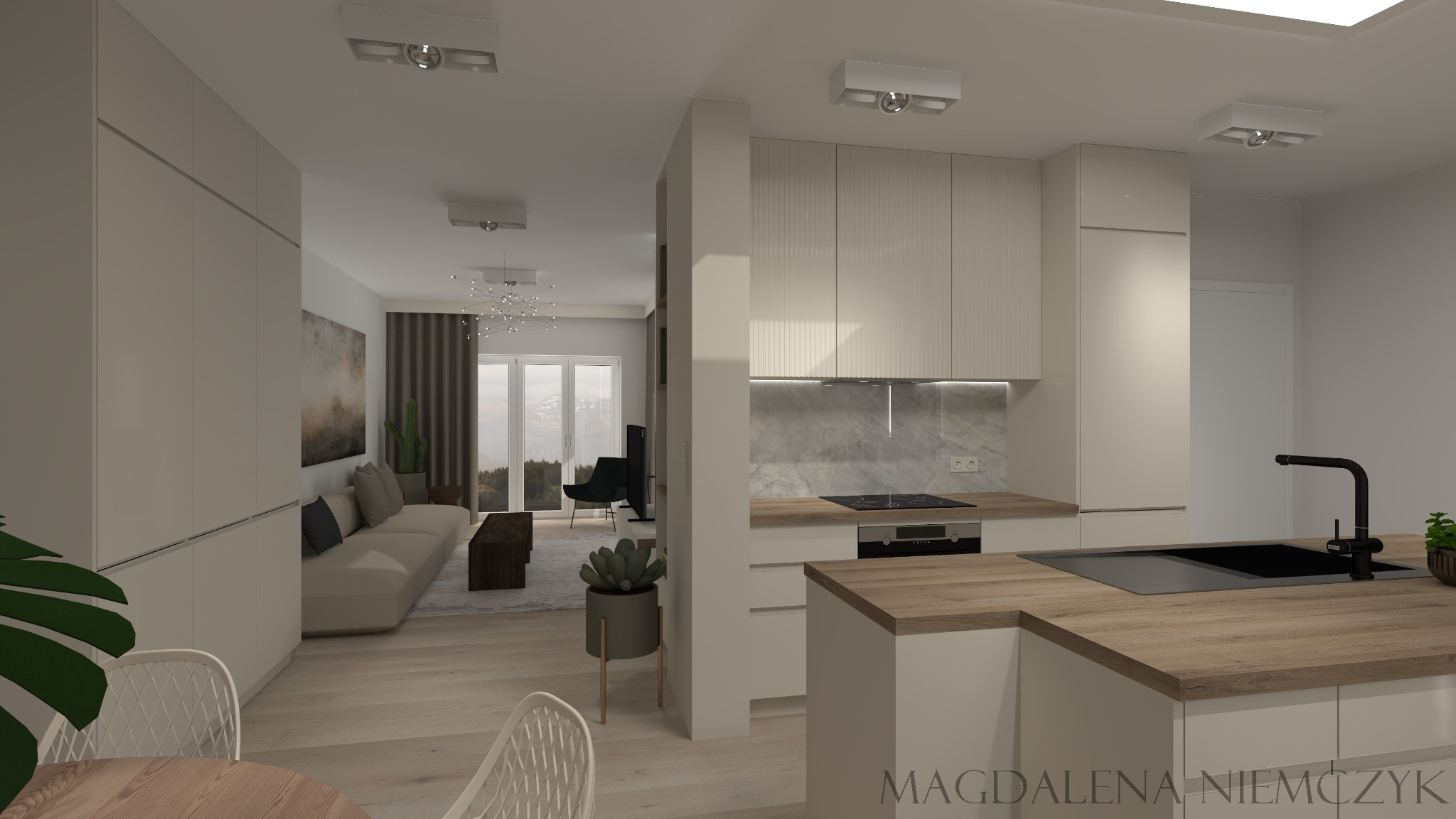 Wnętrze mieszkania w neutralnych barwach: jasna kuchnia z drewnianym blatem, salon z sofą i widokiem na góry, nowoczesne oświetlenie, minimalistyczny design.