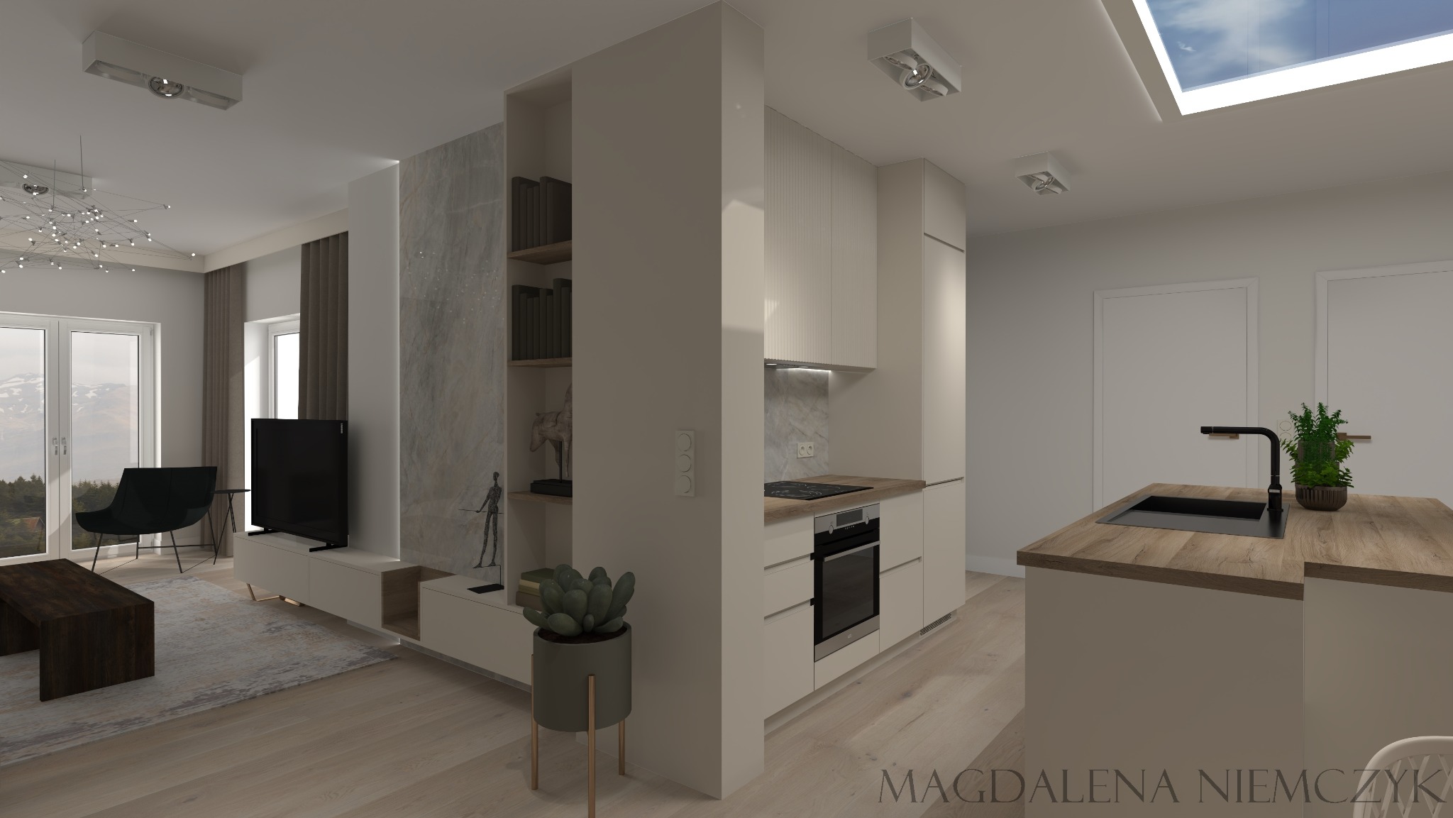 Wnętrze mieszkania: salon z TV i kuchnia z wyspą w jasnej kolorystyce, minimalistyczny styl, oświetlenie sufitowe, dekoracje, render wizualizacji projektu.