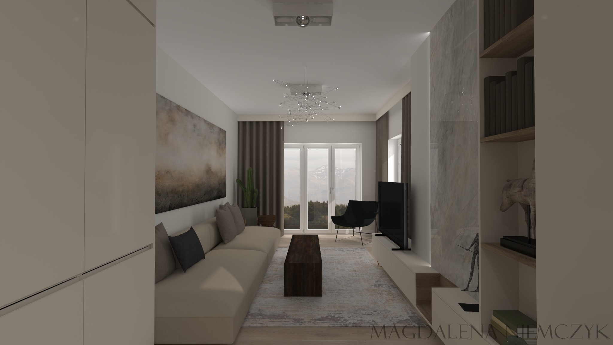 Neutralna aranżacja salonu z beżową sofą, abstrakcyjnym obrazem i geometrycznym dywanem. Widok na góry przez okno, nowoczesne oświetlenie i minimalistyczne dekoracje.