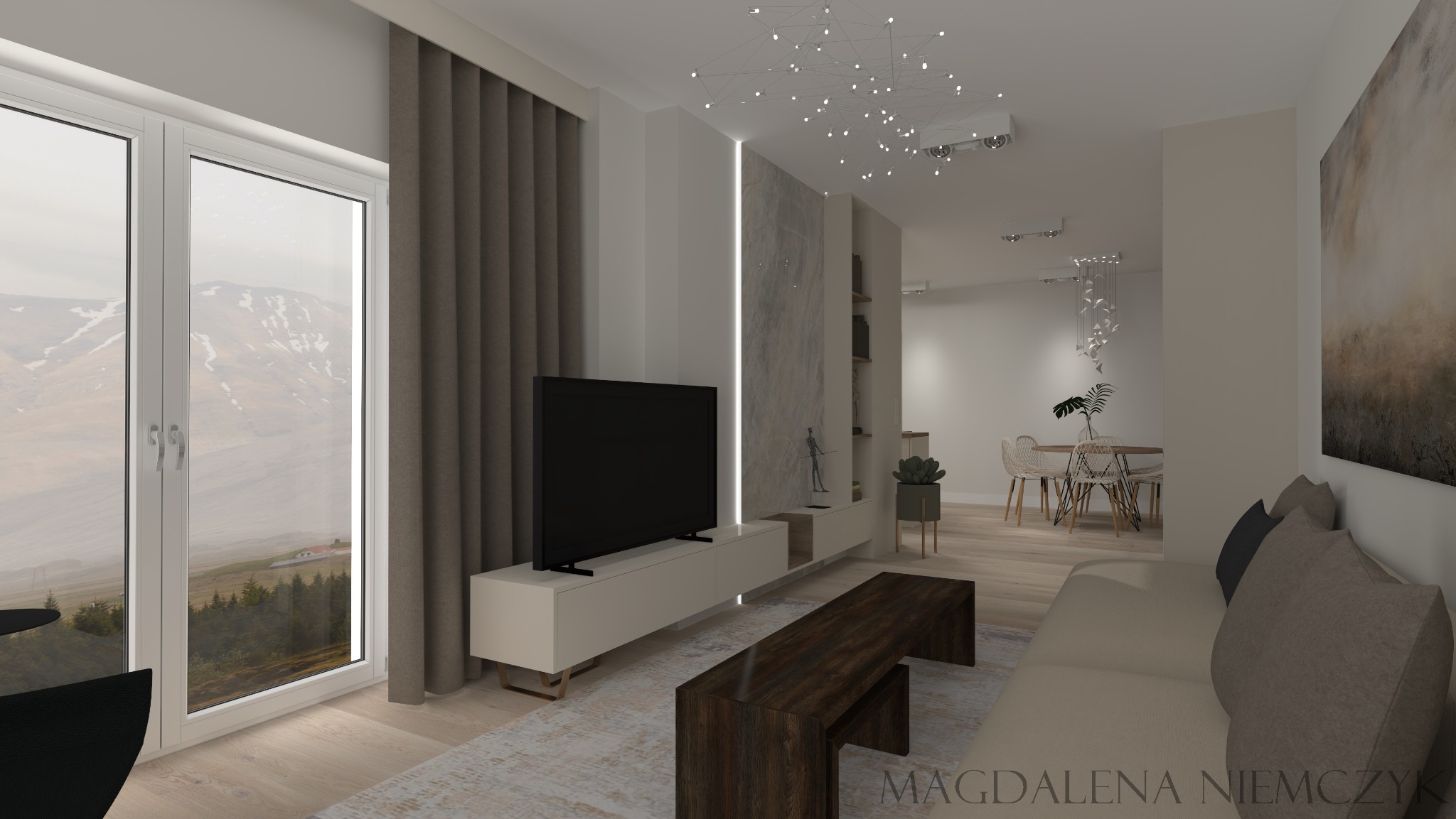 Wizualizacja salonu z widokiem na góry przez okno. Minimalistyczny design, beżowa sofa i stolik kawowy. Nowoczesne oświetlenie sufitowe dodaje elegancji.