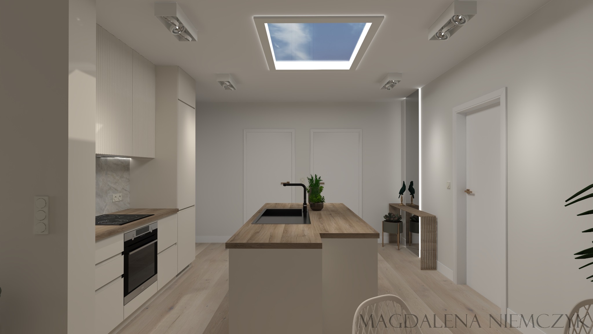 Wizualizacja jasnej kuchni z wyspą, drewnianym blatem i oknem dachowym. Minimalistyczne szafki i oświetlenie punktowe. Roślina doniczkowa na wyspie dodaje akcentu.