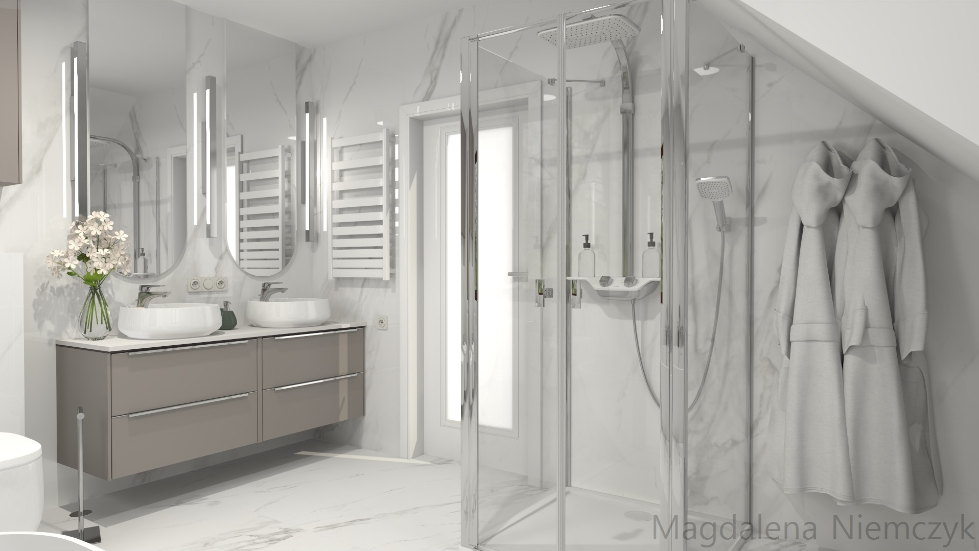 Elegancka łazienka na poddaszu z marmurowymi płytkami, kabiną prysznicową i umywalką nablatową. Oświetlenie LED i dekoracyjny wazon z kwiatami dopełniają całość.