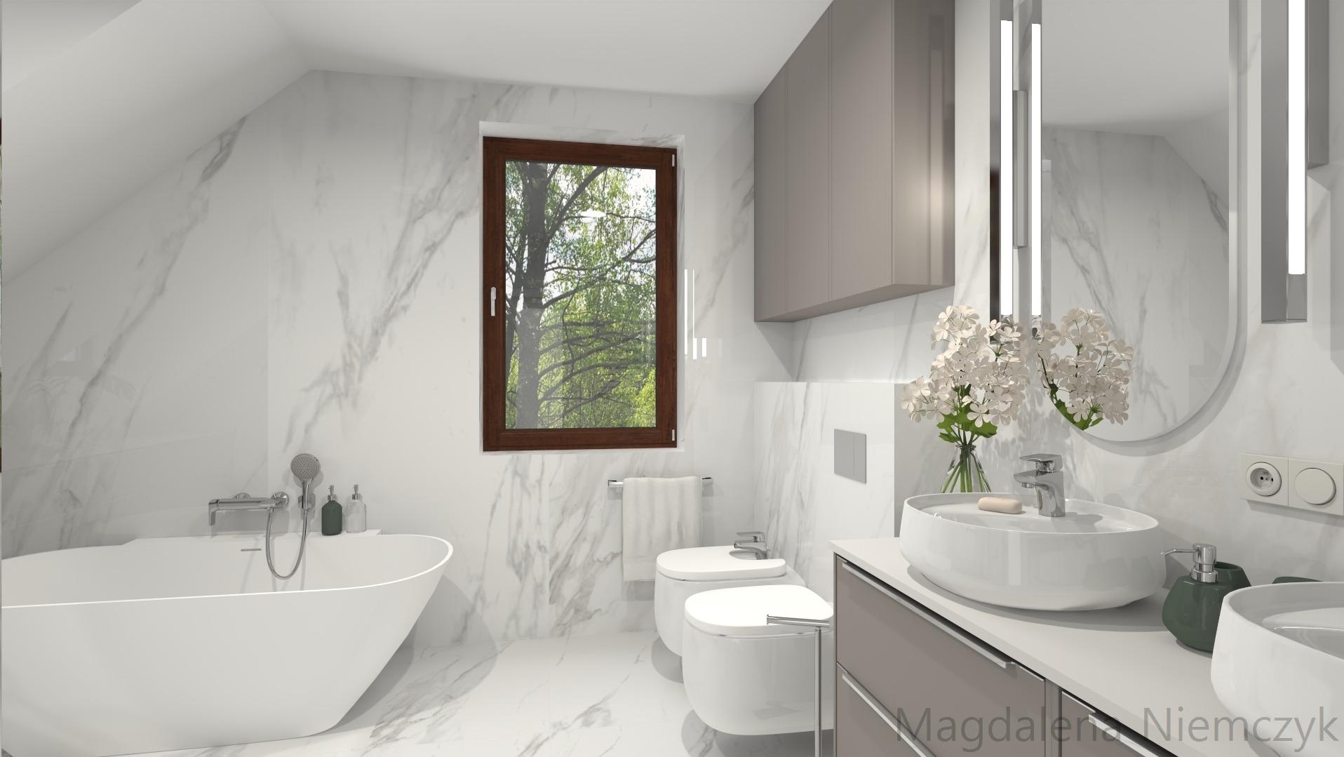 Elegancka łazienka na poddaszu z oknem w drewnianej ramie. Białe marmurowe płytki, owalna wanna i umywalka nablatowa. Nowoczesne oświetlenie i szare szafki.