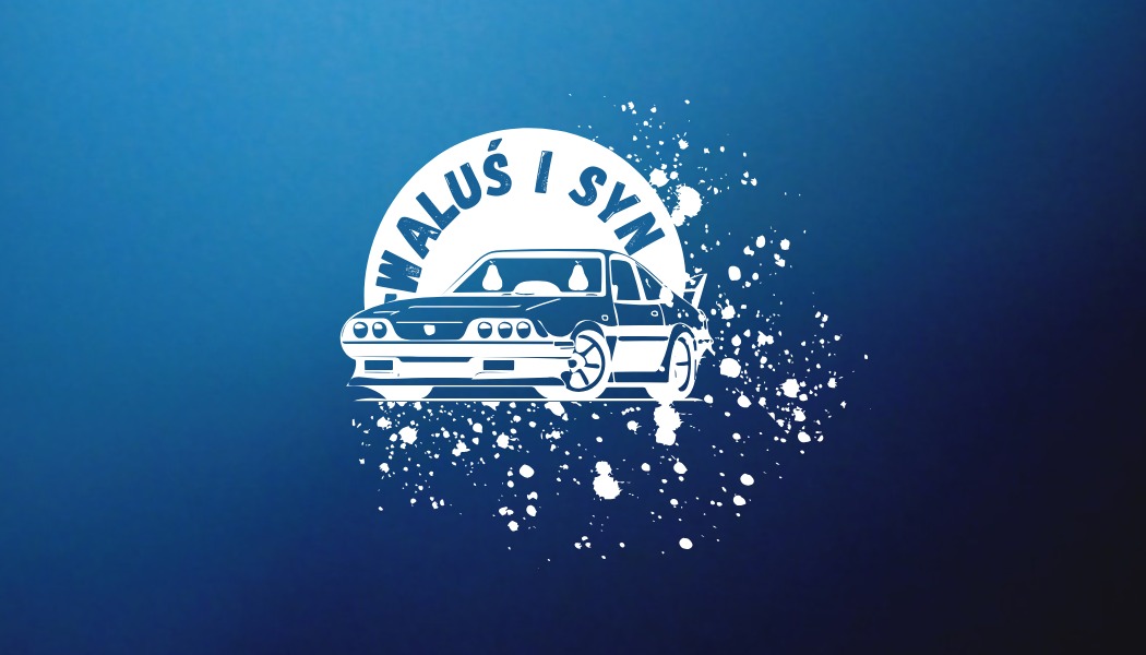 Ilustracja samochodu sportowego z napisem 'WALUŚ I SYN' na tle gradientu niebieskiego z białymi plamkami, przypominająca logo firmy.