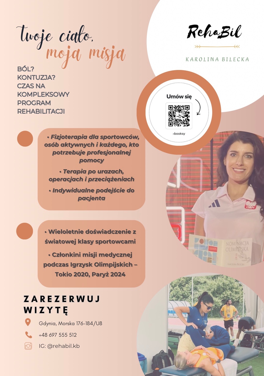 Grafika reklamowa: fizjoterapia sportowa, Karolina Bilecka, nominacja olimpijska, rezerwacja wizyt, Gdynia, logo RehaBil, QR kod do Booksy.