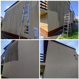 Piotr Wątroba - Czteropanelowe ujęcie elewacji domu: przed i po czyszczeniu. Widoczna drabina, fragmenty umytej i brudnej ściany, detale architektoniczne budynku.