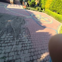 Piotr Wątroba - Częściowo umyta kostka brukowa na podjeździe z dekoracyjnym wzorem, widoczny wąż ogrodowy i budynek w tle. Prezentacja efektu czyszczenia.