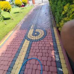 Piotr Wątroba - Częściowo umyta kostka brukowa z dekoracyjnym wzorem, widoczny wąż ogrodowy. Po lewej stronie trawnik z ozdobnymi drzewkami, po prawej żywopłot.