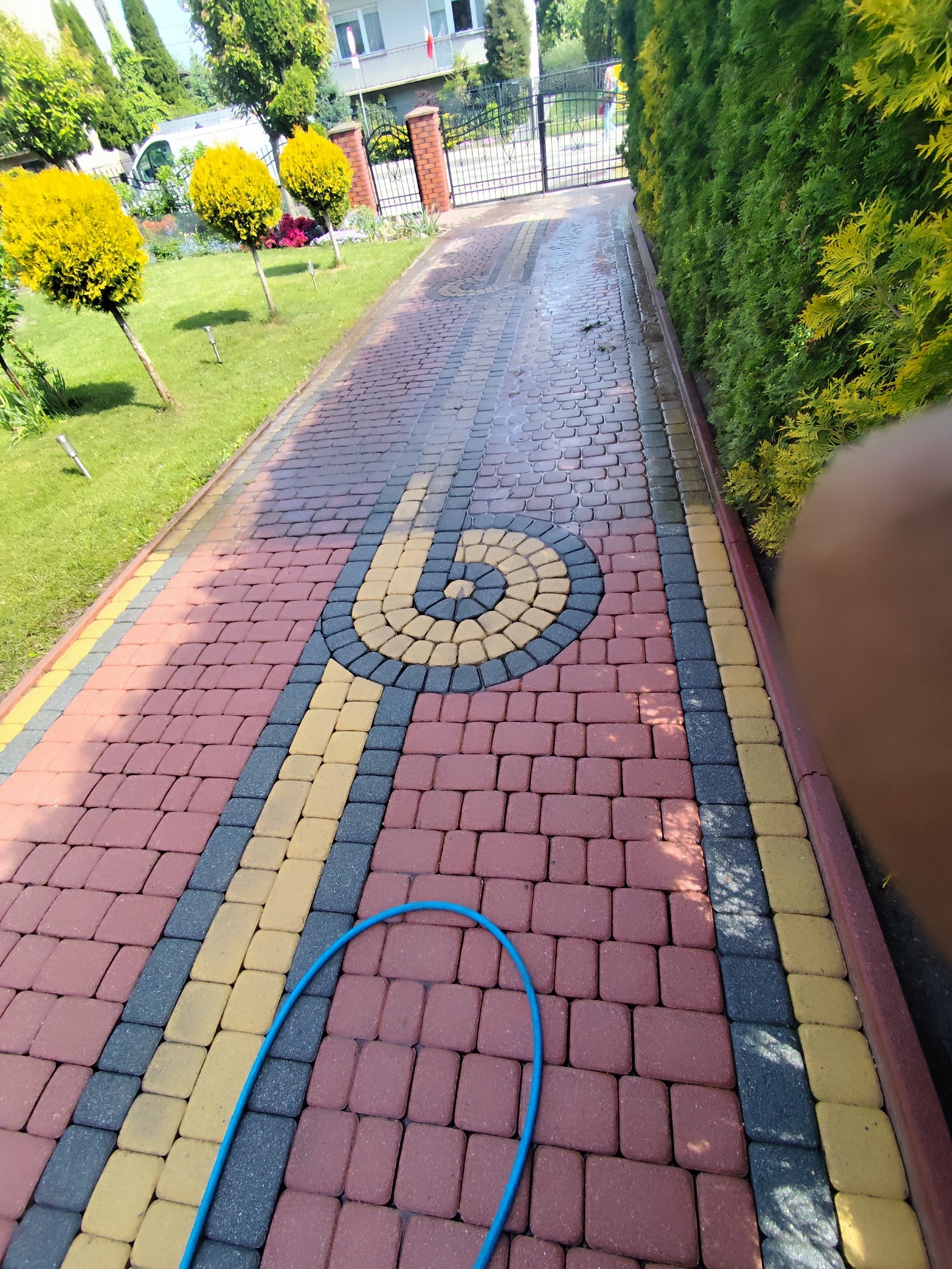 Częściowo umyta kostka brukowa z dekoracyjnym wzorem, widoczny wąż ogrodowy. Po lewej stronie trawnik z ozdobnymi drzewkami, po prawej żywopłot.