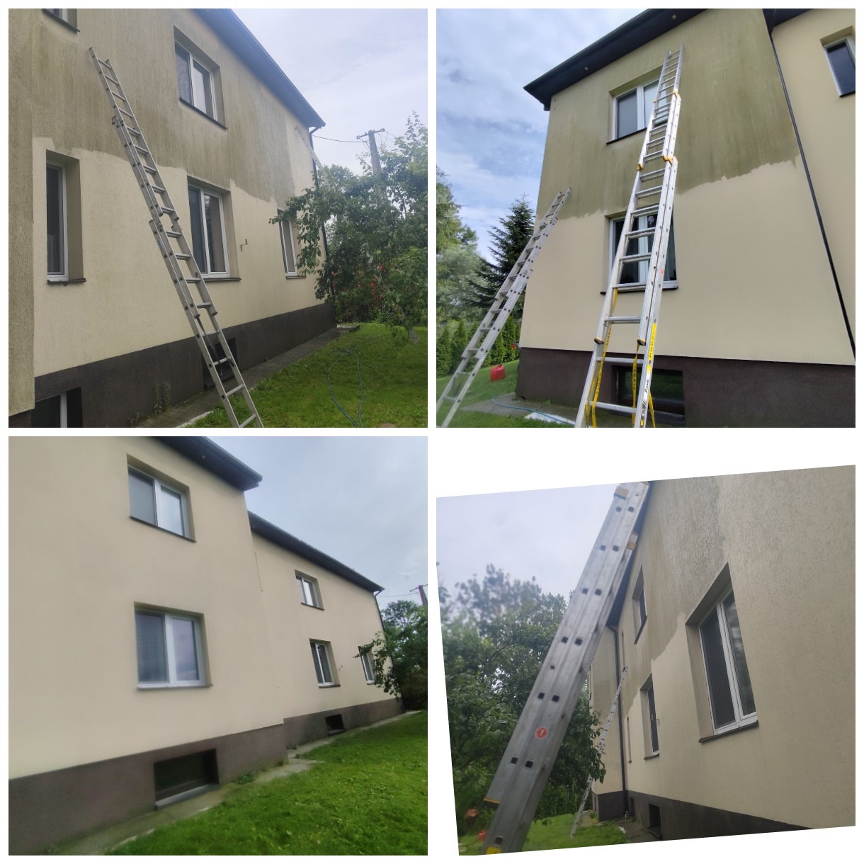 Elewacja budynku w trakcie malowania, widoczna drabina oparta o ścianę. Część ściany pomalowana na jaśniejszy odcień, ukazując postęp prac.