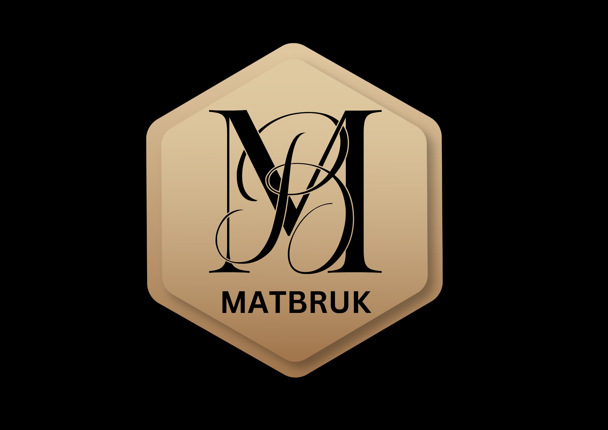 Eleganckie logo firmy MATBRUK w kształcie beżowego sześciokąta z inicjałami 'MB' w kolorze czarnym, stylizowanymi na kaligrafię.