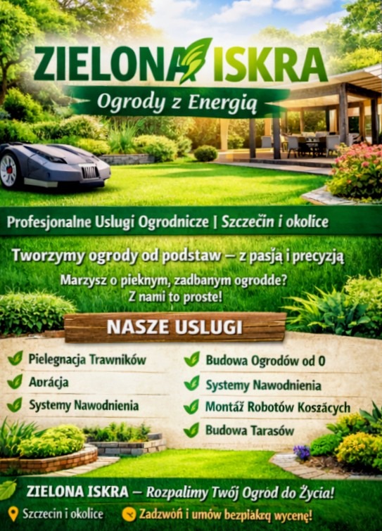 Baner reklamowy firmy ogrodniczej: Zadbany trawnik, robot koszący, altana ogrodowa. Oferta: pielęgnacja trawników, budowa ogrodów, systemy nawodnienia, montaż robotów koszących.