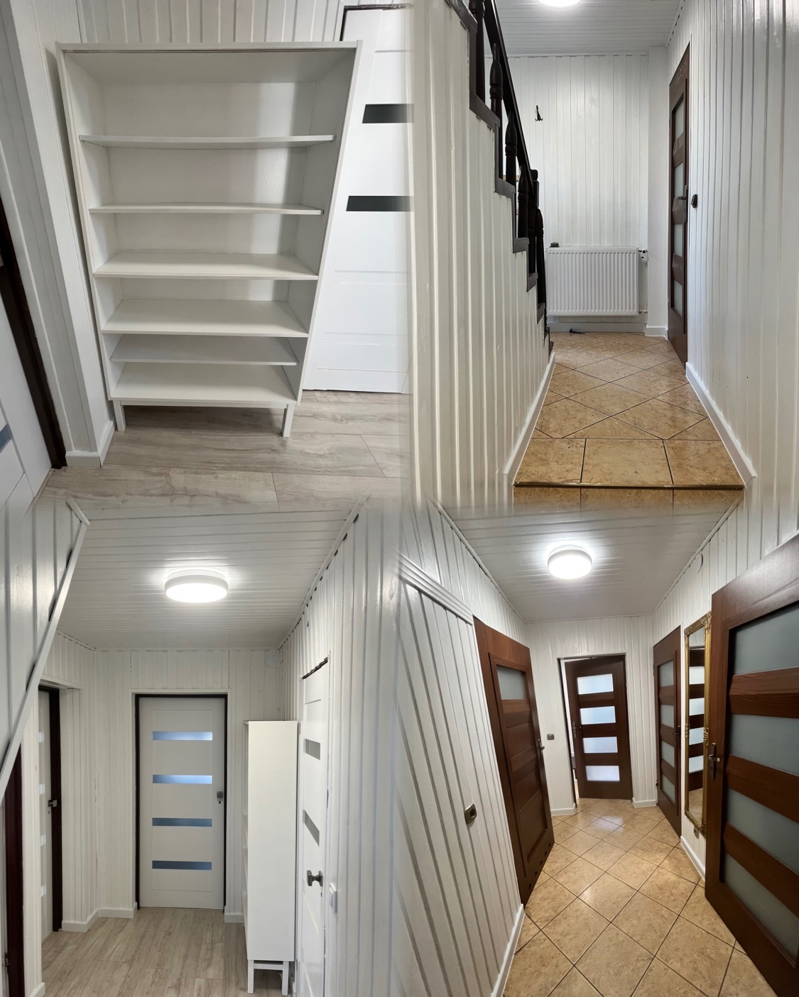 Korytarz po remoncie: białe panele ścienne, jasna podłoga, nowe drzwi z przeszkleniami i biały regał na buty. Widok na schody z ciemną balustradą.