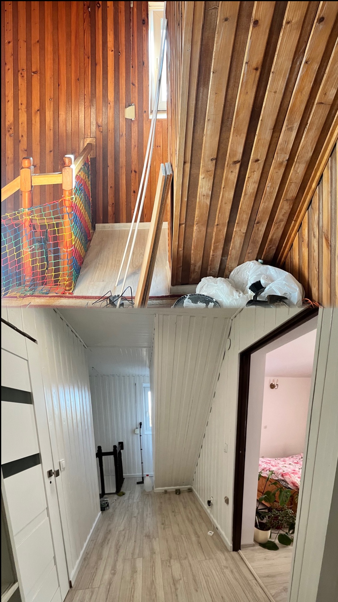 Zdjęcie 'przed i po' przedstawia drewniane panele ścienne: w górnej części w naturalnym kolorze drewna, w dolnej - pomalowane na biało. Widoczna podłoga i fragment schodów.